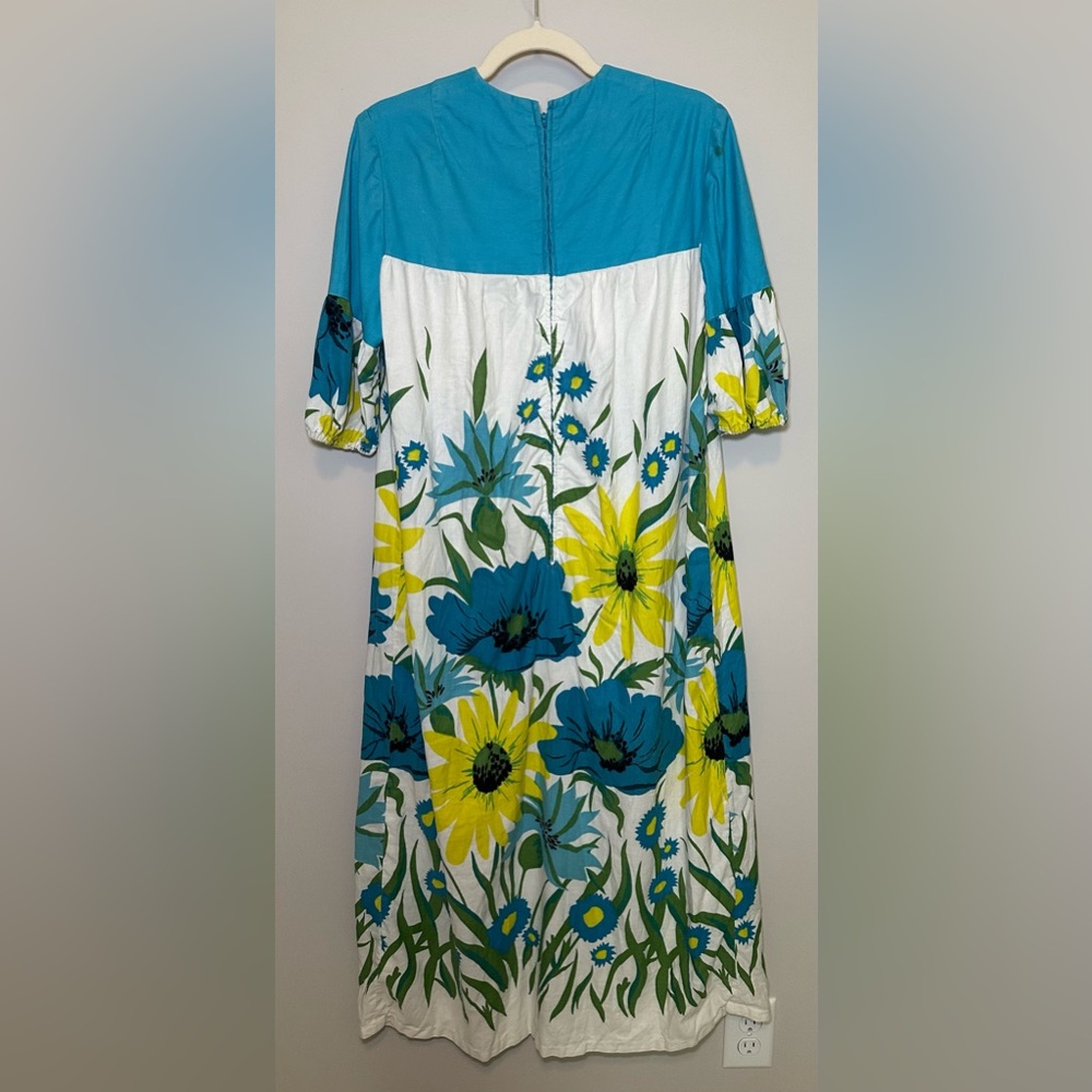 Unique Vintage Handmade Floral Maxi Dress Blue Yellow Boho Cottagecore Prairie - Picture 3 of 16